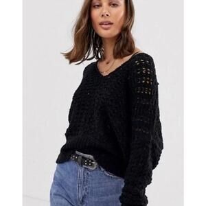Free People Best of You V-Neck Sweater Crochet Ribbed Chunky Open Knit Black